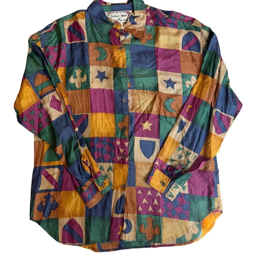 Vintage Jonathan Martin Patchwork Silk Button Front Blouse Women's M Long Sleeve - Picture 2 of 8